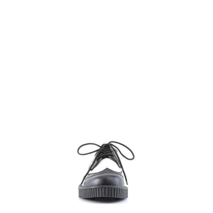 front side view of real leather 1" platform Rockabilly Punk Oxford Creeper with Black upper, white center, and black bottom to create a tuxedo look