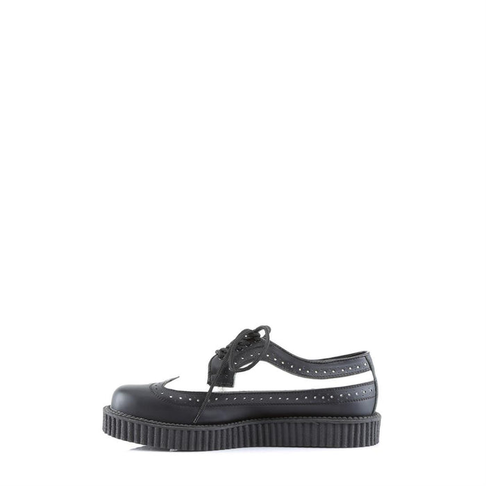 left side view of real leather 1" platform Rockabilly Punk Oxford Creeper with Black upper, white center, and black bottom to create a tuxedo look