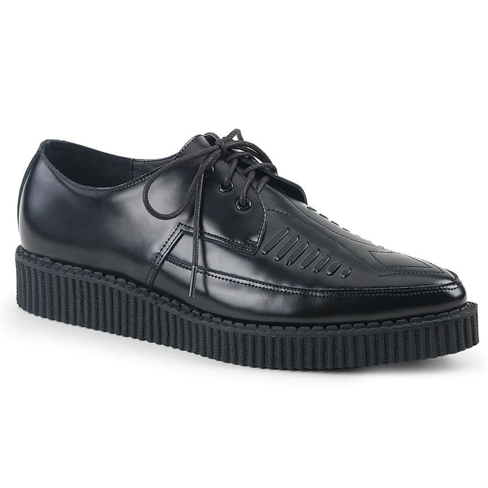 side view of real black leather pointed toe oxford creeper show with 1 1/4" platform