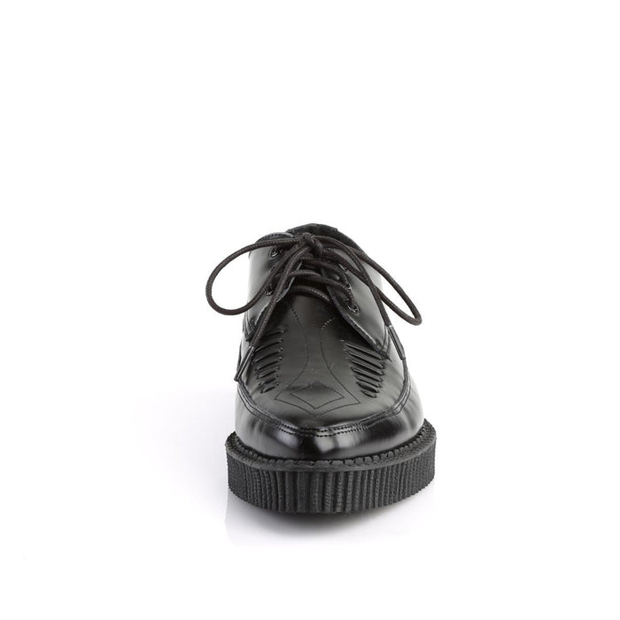 front view of real black leather pointed toe oxford creeper show with 1 1/4" platform