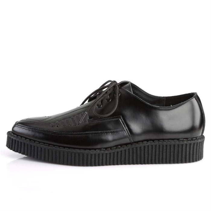 left side view of real black leather pointed toe oxford creeper show with 1 1/4" platform