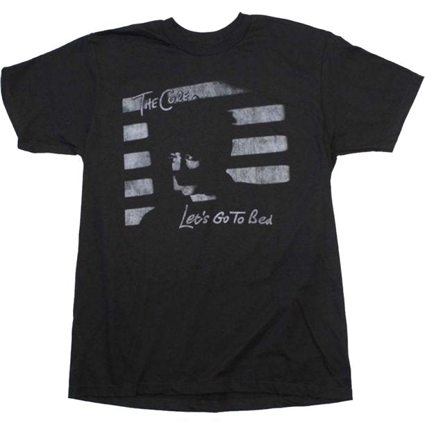 black unisex the cure shirt with logo on top and let's go to bed single album cover art graphic on middle with text on the bottom that reads "let's go to bed"