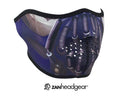 Half face riding mask with pain robot demon design on front side. Can be reversed to an all black side.