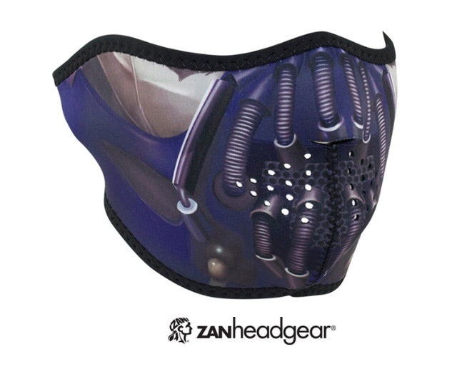 Half face riding mask with pain robot demon design on front side. Can be reversed to an all black side.