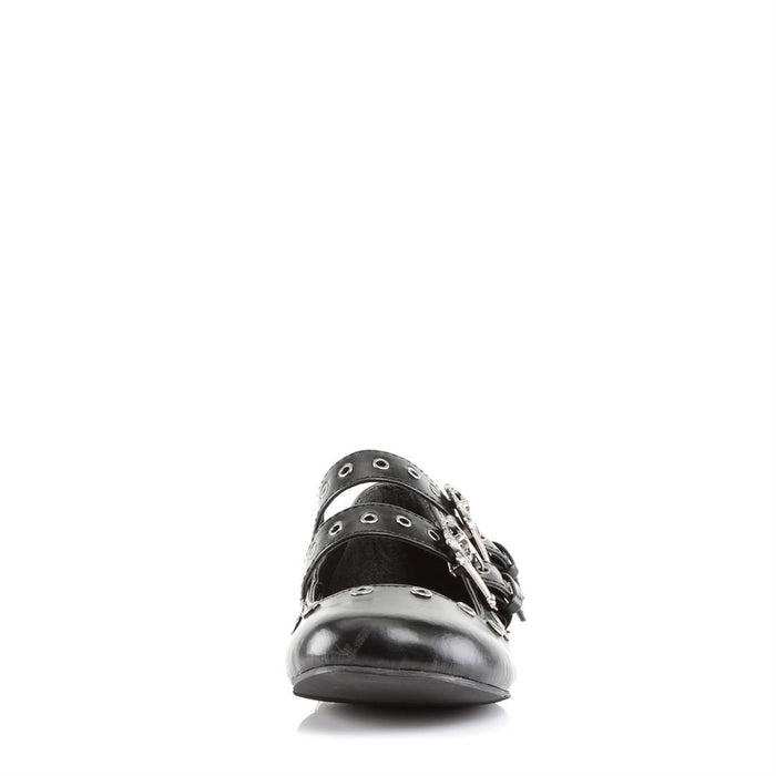 front side view of black vegan leather Ballet Flat Double Strap Mary Jane with Skull Buckle Eyelet Detailing on two adjustable straps that go over the top of the foot