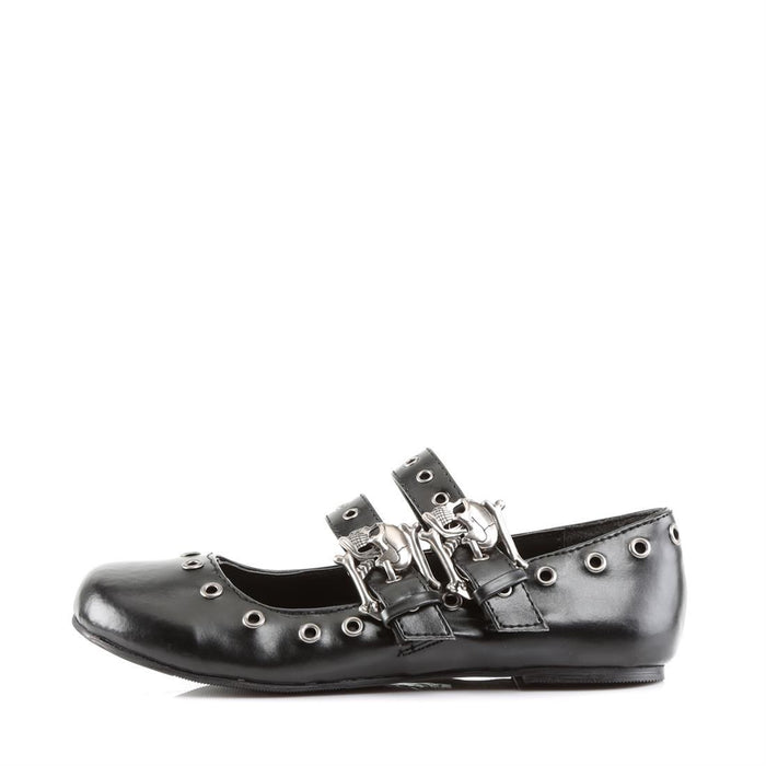 left side view of black vegan leather Ballet Flat Double Strap Mary Jane with Skull Buckle Eyelet Detailing on two adjustable straps that go over the top of the foot