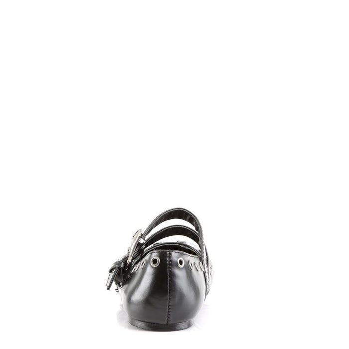 back side view of black vegan leather Ballet Flat Double Strap Mary Jane with Skull Buckle Eyelet Detailing on two adjustable straps that go over the top of the foot