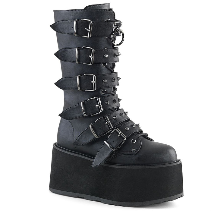 right side view of black Vegan leather 3.5" platform lace-Up front mid-calf boot Features 6 cone-studded buckle straps and Inside metal zip closure