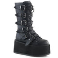 right side view of black Vegan leather 3.5" platform lace-Up front mid-calf boot Features 6 cone-studded buckle straps and Inside metal zip closure