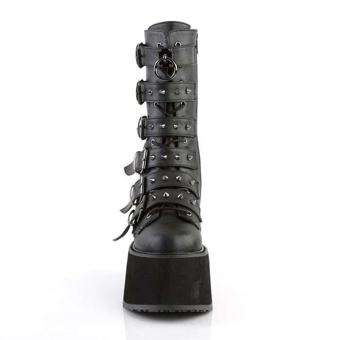 front side view of black Vegan leather 3.5" platform lace-Up front mid-calf boot Features 6 cone-studded buckle straps and Inside metal zip closure