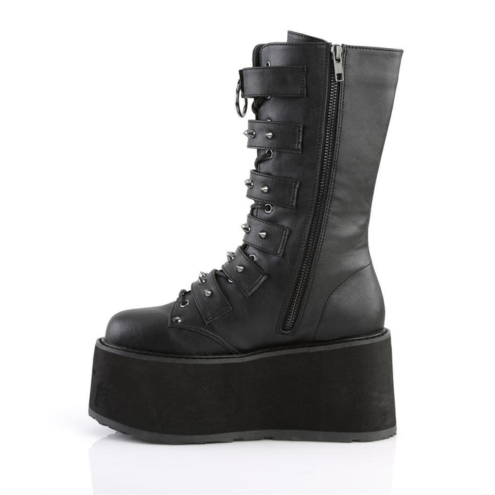 left side view of black Vegan leather 3.5" platform lace-Up front mid-calf boot Features 6 cone-studded buckle straps and Inside metal zip closure