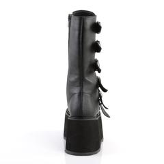 back side view of black Vegan leather 3.5" platform lace-Up front mid-calf boot Features 6 cone-studded buckle straps and Inside metal zip closure
