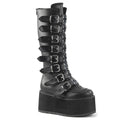 right side view of black vegan leather 3.5" platform knee high boot. Features 8 buckle straps w/ metal plates at center with back metal zip closure