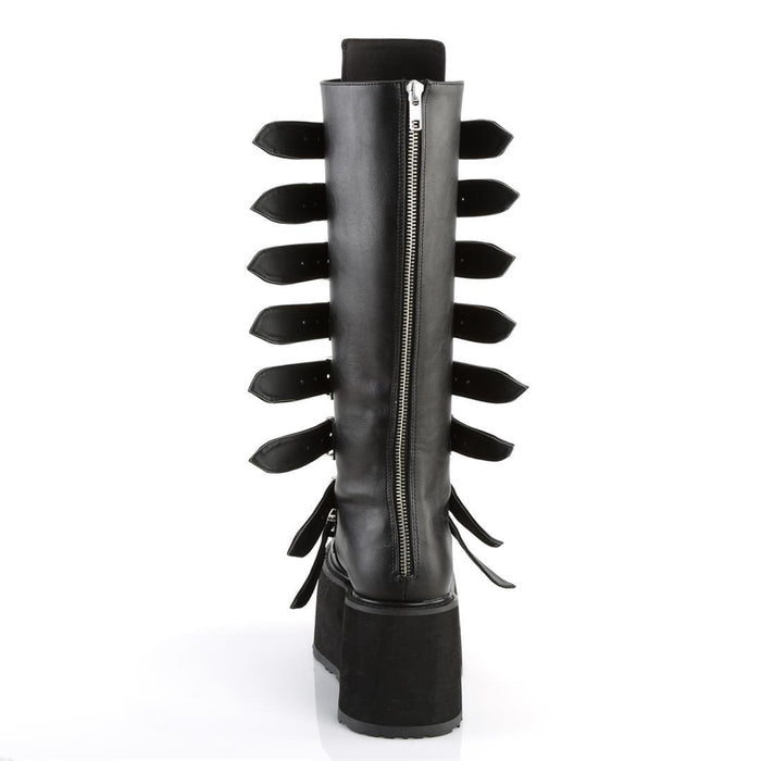 back side view of black vegan leather 3.5" platform knee high boot. Features 8 buckle straps w/ metal plates at center with back metal zip closure