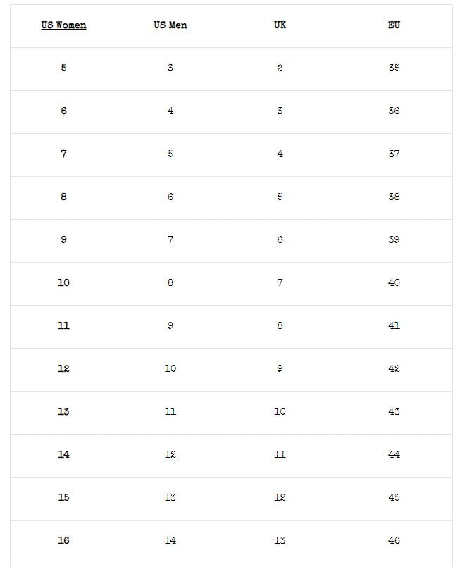 demonia shoe size chart, from right to left, Women's US size, men's US size, UK sizes and EU sizes