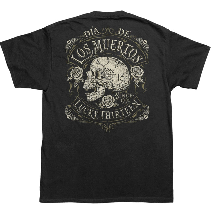 back of Black Lucky 13 t-shirt with a back print of the Lucky 13 "Dead Skull" Dia De Los Muertos logo, and a "Lucky Thirteen" front left chest print.