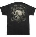 back of Black Lucky 13 t-shirt with a back print of the Lucky 13 "Dead Skull" Dia De Los Muertos logo, and a "Lucky Thirteen" front left chest print.