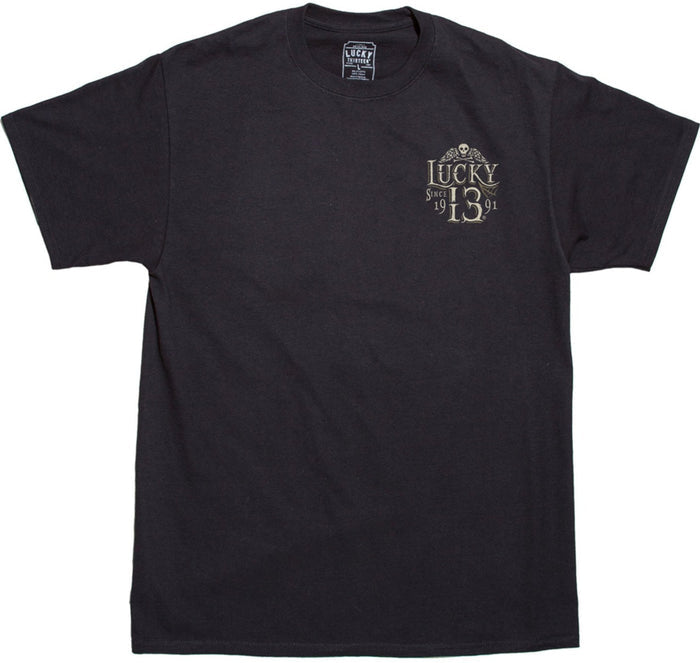 front of Black Lucky 13 t-shirt with a back print of the Lucky 13 "Dead Skull" Dia De Los Muertos logo, and a "Lucky Thirteen" front left chest print.