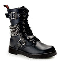 right side view of black vegan leather 1" heel 10 eyelet goth punk military combat boot with buckles and chains with full inner side zipper