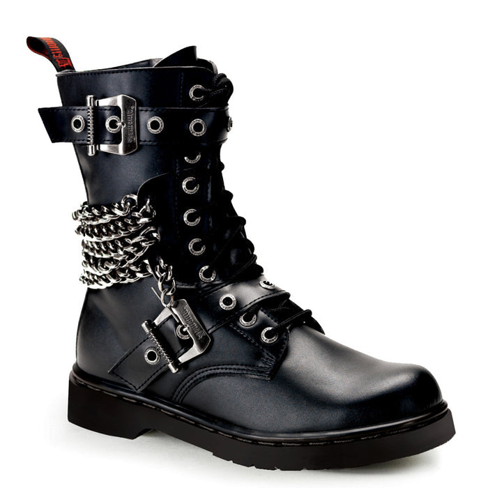 right side view of black vegan leather 1" heel 10 eyelet goth punk military combat boot with buckles and chains with full inner side zipper