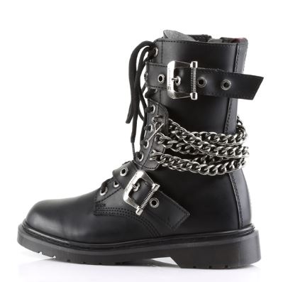 left side view of black vegan leather 1" heel 10 eyelet goth punk military combat boot with buckles and chains with full inner side zipper
