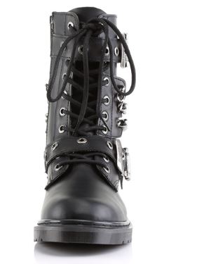 front side view of black vegan leather 1" heel 10 eyelet goth punk military combat boot with buckles and chains with full inner side zipper
