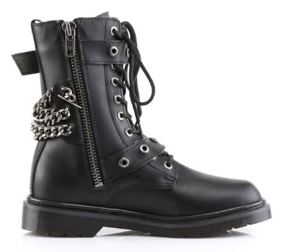 inside view of black vegan leather 1" heel 10 eyelet goth punk military combat boot with buckles and chains with full inner side zipper
