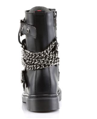 back side view of black vegan leather 1" heel 10 eyelet goth punk military combat boot with buckles and chains with full inner side zipper