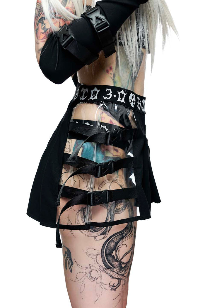 model showing side of skirt on white background