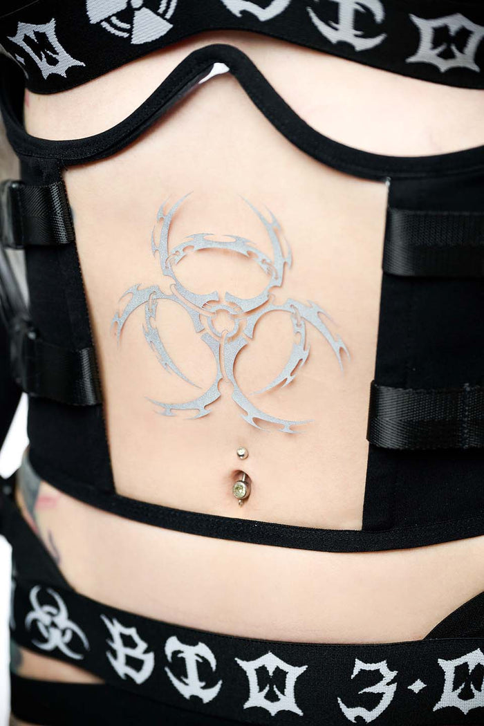 model showing front of corset on white background