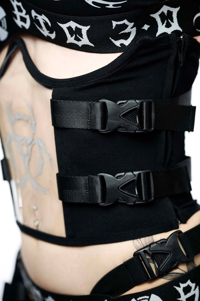 model showing front of corset on white background