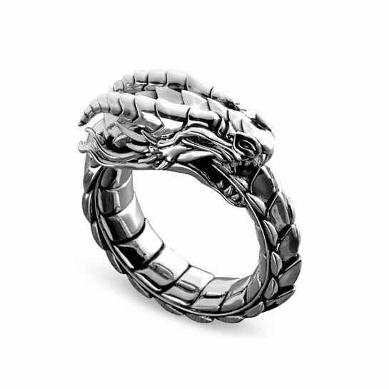 Silver dragon with tail in it's mouth (ouroboros) ring.