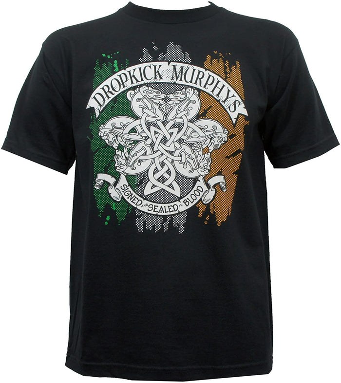 Black unisex Dropkick Murphy's shirt with logo on top, text on bottom that reads "signed and sealed in blood" and knotwork flag design in center.