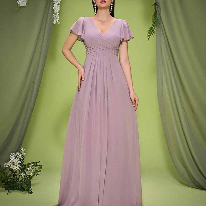 Dusty Pink V Neck Puff Sleeve Wedding Guest Dress – Elegant Bridesmaid Dress