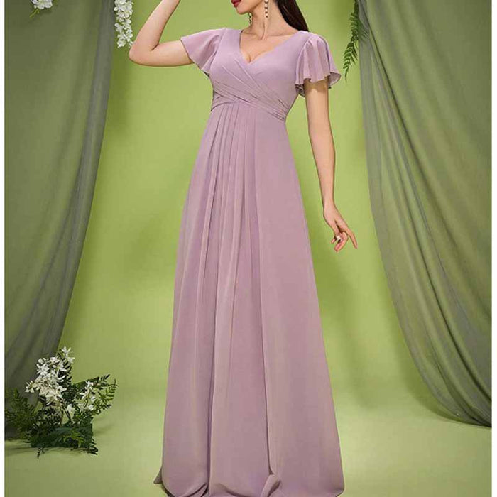 Dusty Pink V Neck Puff Sleeve Wedding Guest Dress – Elegant Bridesmaid Dress