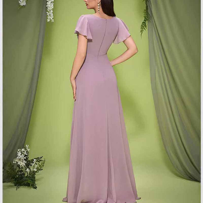 Dusty Pink V Neck Puff Sleeve Wedding Guest Dress – Elegant Bridesmaid Dress