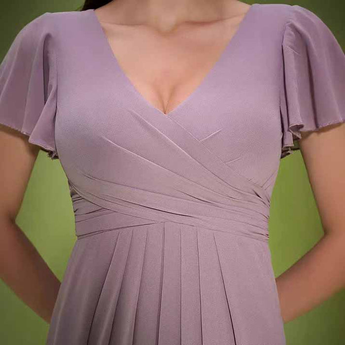 Dusty Pink V Neck Puff Sleeve Wedding Guest Dress – Elegant Bridesmaid Dress