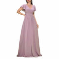 Dusty Pink V Neck Puff Sleeve Wedding Guest Dress – Elegant Bridesmaid Dress