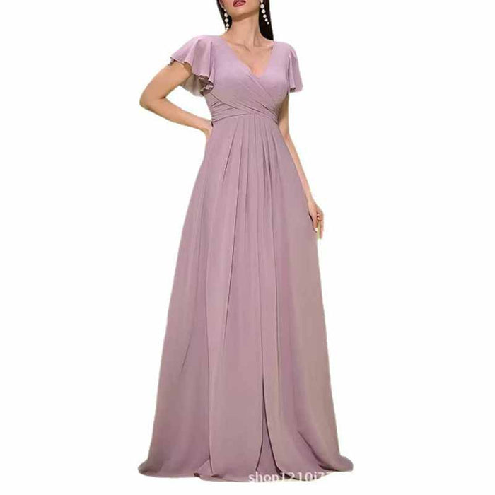 Dusty Pink V Neck Puff Sleeve Wedding Guest Dress – Elegant Bridesmaid Dress