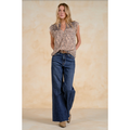 Elan Cap Sleeve V-Neck Blouse - Abstract Animal Print
