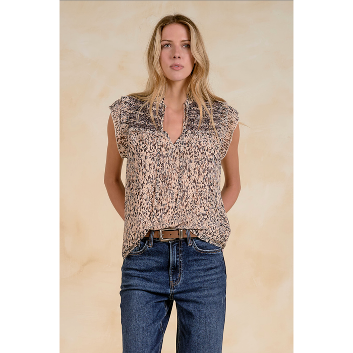 Elan Cap Sleeve V-Neck Blouse - Abstract Animal Print