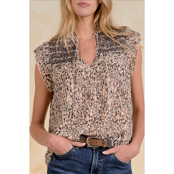 Elan Cap Sleeve V-Neck Blouse - Abstract Animal Print