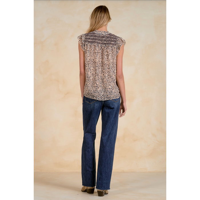 Elan Cap Sleeve V-Neck Blouse - Abstract Animal Print