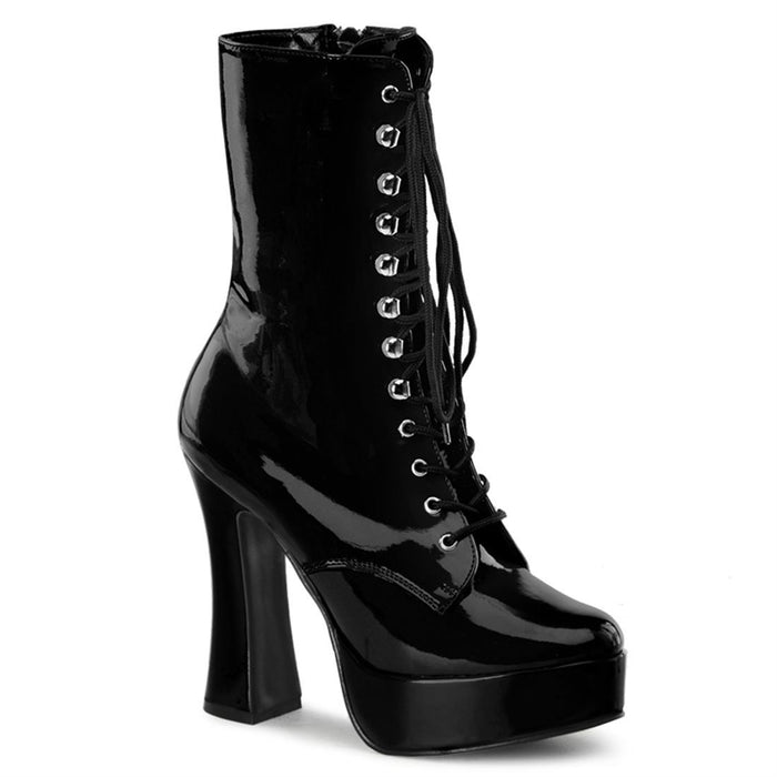 outer view of black vinyl 5" stack heel with 1 1/2" platform Lace-up front ankle boot with full inner side zipper