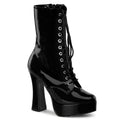 outer view of black vinyl 5" stack heel with 1 1/2" platform Lace-up front ankle boot with full inner side zipper