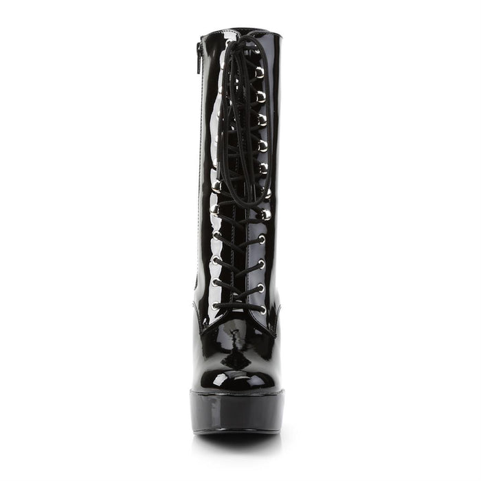 front side view of black vinyl 5" stack heel with 1 1/2" platform Lace-up front ankle boot with full inner side zipper
