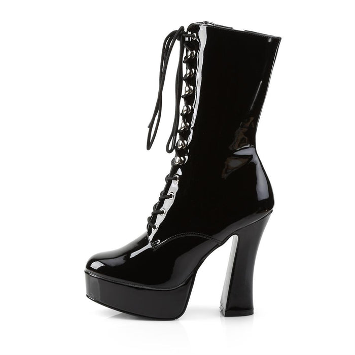 inner view of black vinyl 5" stack heel with 1 1/2" platform Lace-up front ankle boot with full inner side zipper