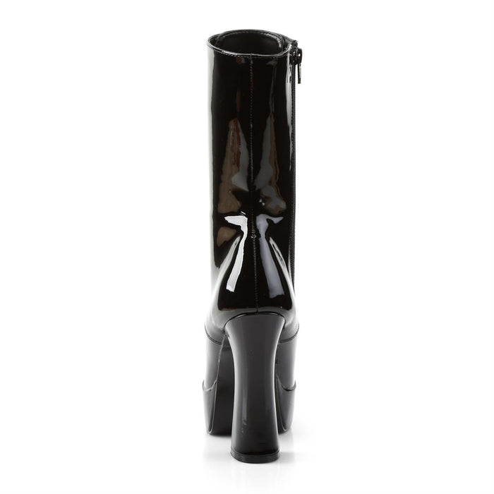 back side view of black vinyl 5" stack heel with 1 1/2" platform Lace-up front ankle boot with full inner side zipper