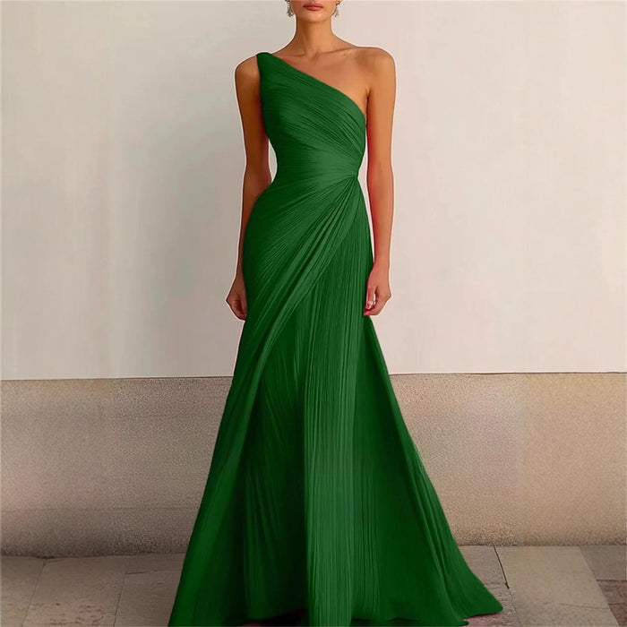 Elegant Bridesmaid Dress One Shoulder Evening Dress Long Pleated Formal Gown for Prom Party