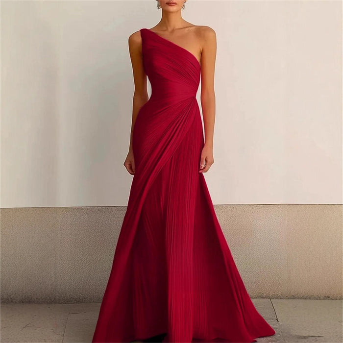 Elegant Bridesmaid Dress One Shoulder Evening Dress Long Pleated Formal Gown for Prom Party